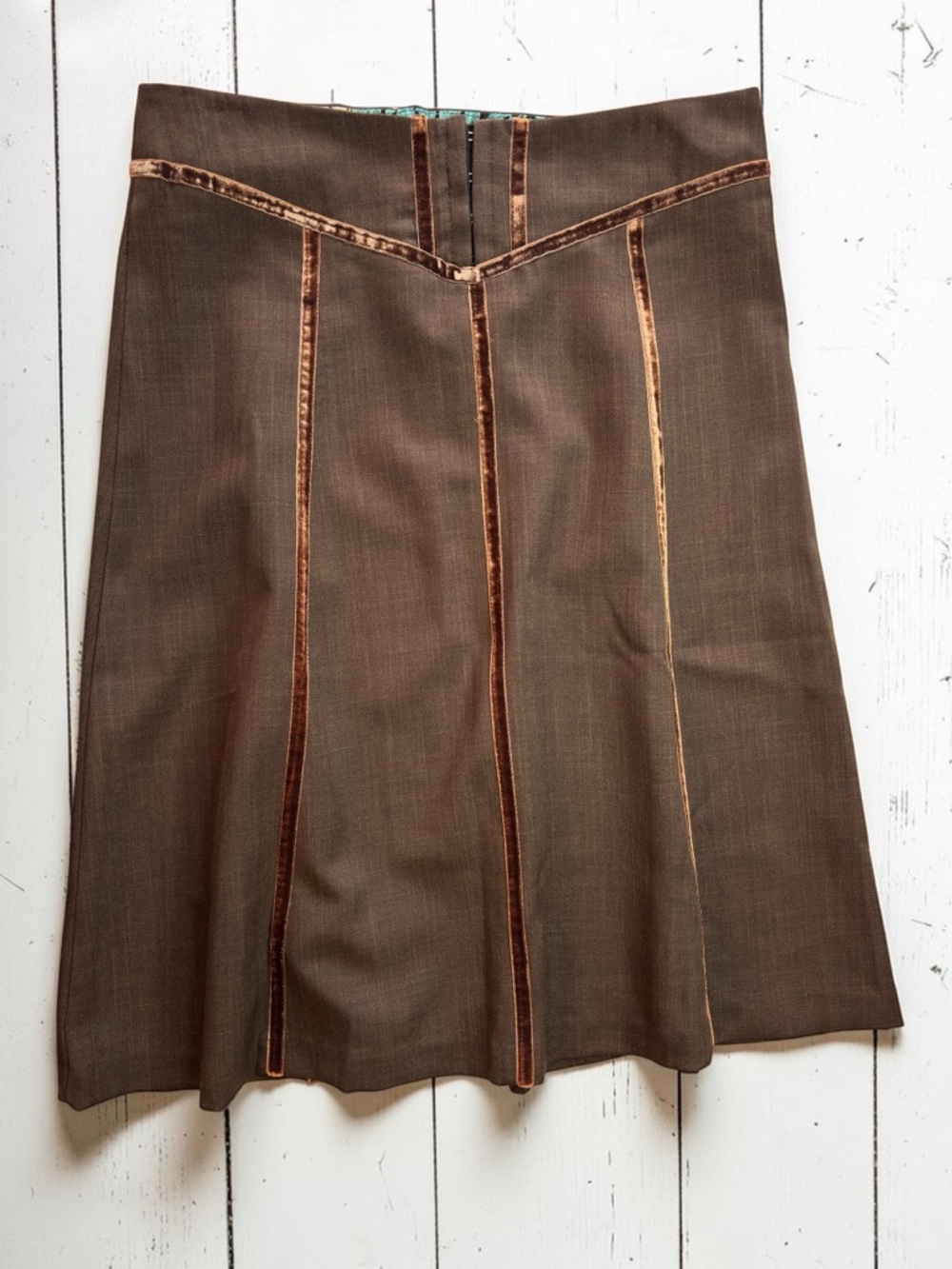 Scott Brown Velvet Trim A-Line Skirt Brown Panel Pleated Y2K Vintage Medium